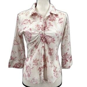 Rave Y2K Top Sz M Rose Print Ruched Semi Sheer Shirt Pink White Cottage Coquette